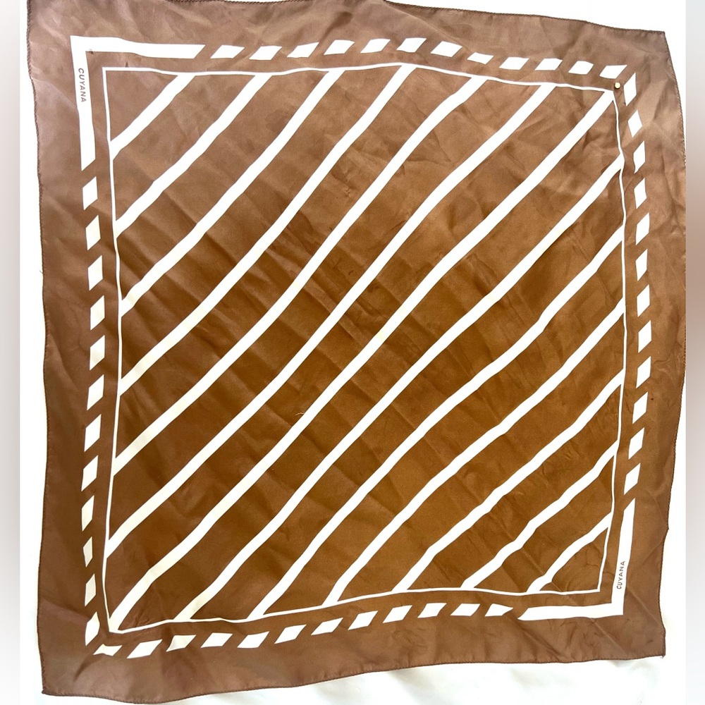 Cuyana Washable Silk Diagonal Striped Scarf in Brown and Cream